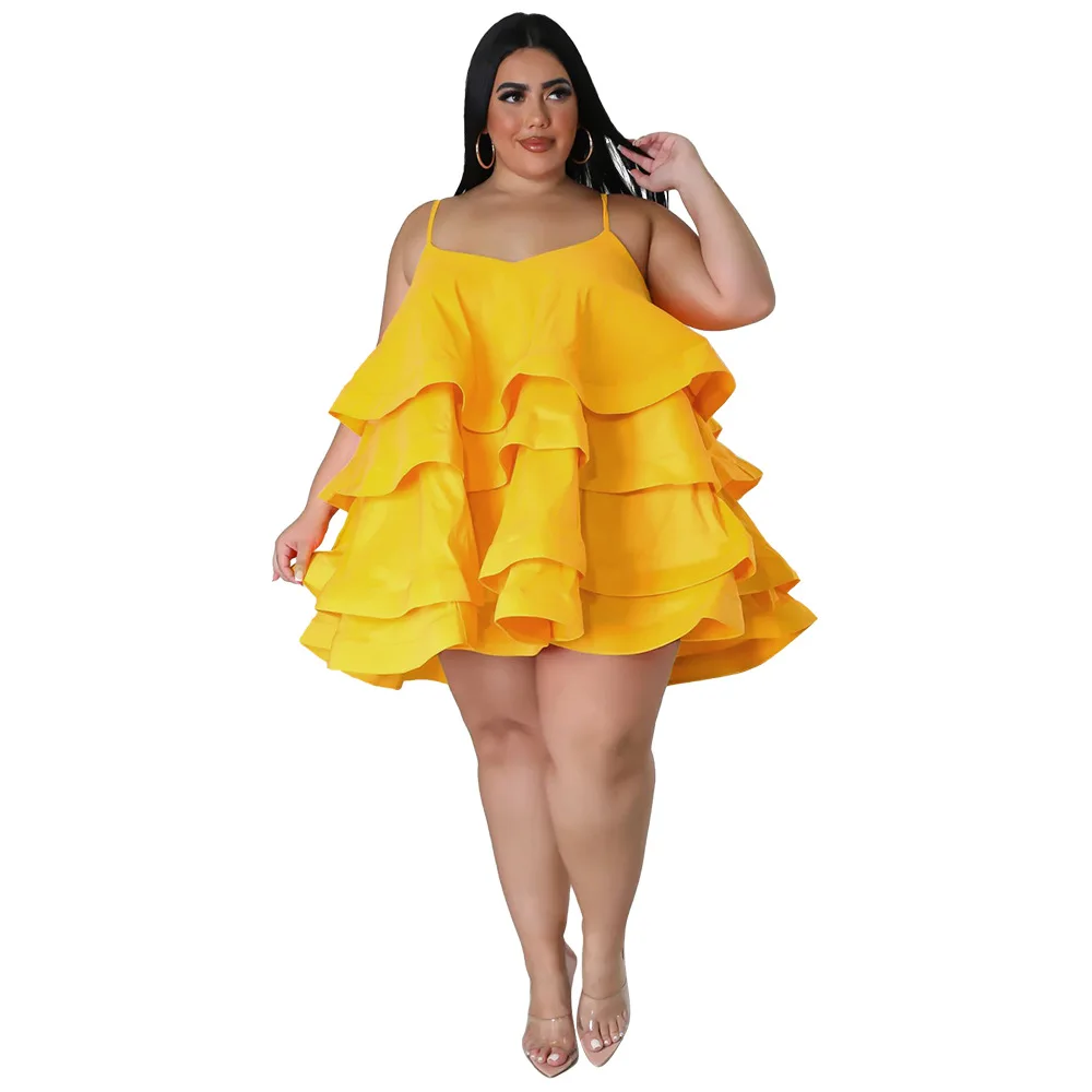 Plus Size Ruffles Cake abiti larghi L-4XL 2023 Women Cake Babydoll Spaghetti Strap Vintage Big Swing Ball Gown Vestidos