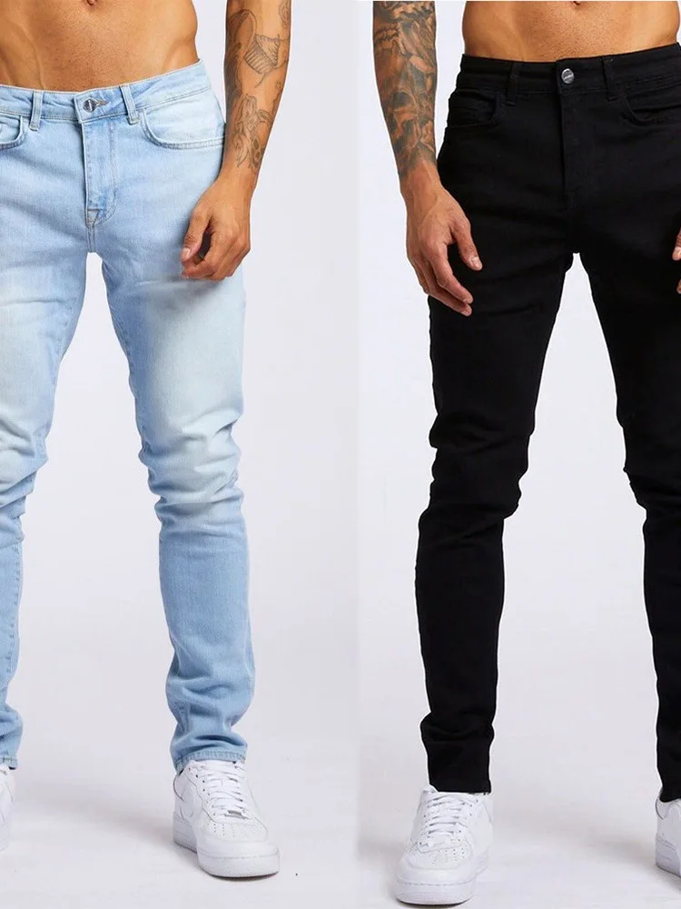 

Trendy Slim Fit High Waist Men's Jeans Autumn New Sle Faionable Small Footed Trousers Polyester Fiber Zipper Closure