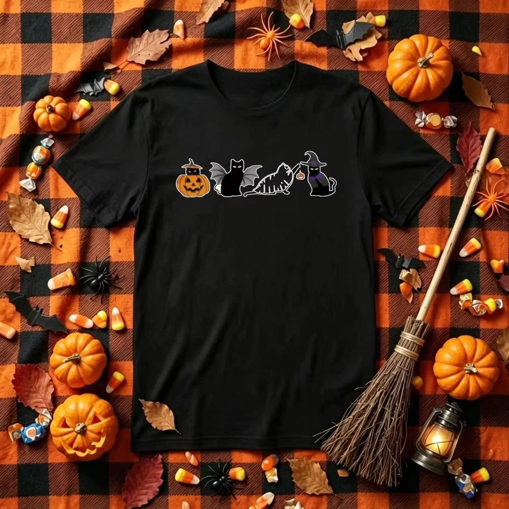Halloween Black Cat Pumpkin Witch Ghost Bat Graphic Women's T‑Shirt Cute Spooky Animal Print Short Sleeve Crew Neck Casual Tops