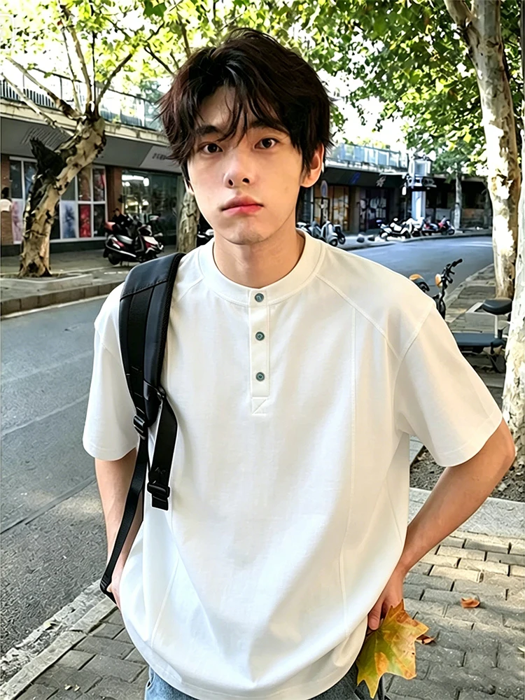 White American Style Turquoise Henry Collar Short Sleeve Men's T-shirt Summer Deconstructed Patchwork Shoulder Fit Half Sleeve