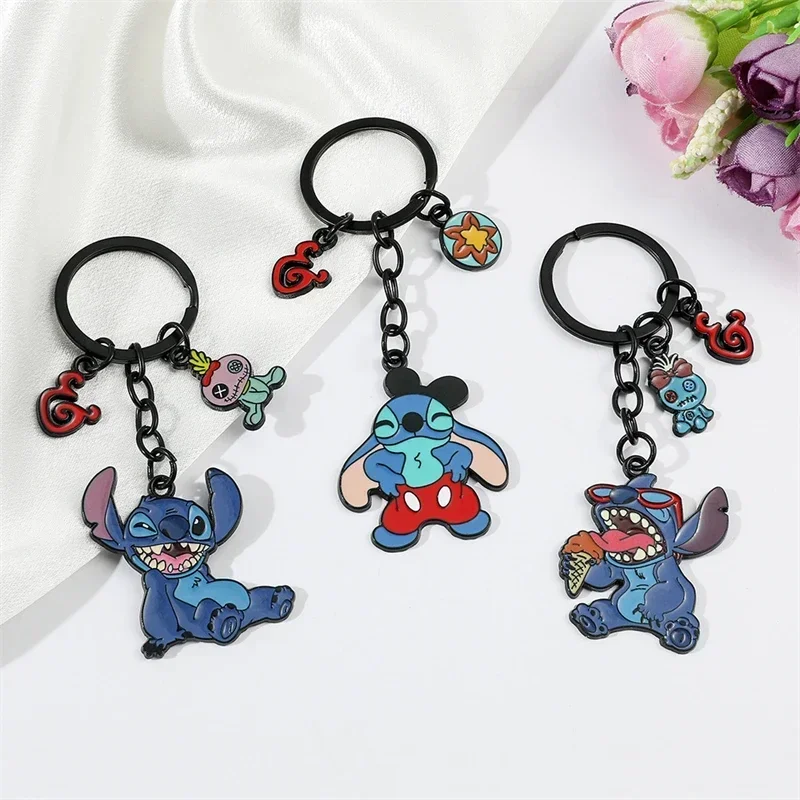 Miniso Fashion Alloy Disney Stitch Keychain Cute Anime Cartoon Angel Kawaii Key Ring Backpack Pendant Ornaments Girl&Child Gifts