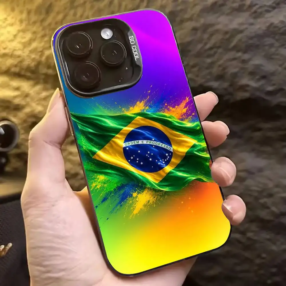 B-Brazil Brazilian Flag Fashion Silver Protective Phone Case, Compatible with iPhone 11,12,13,14,15,16,17,Plus,Pro,Mini,Max