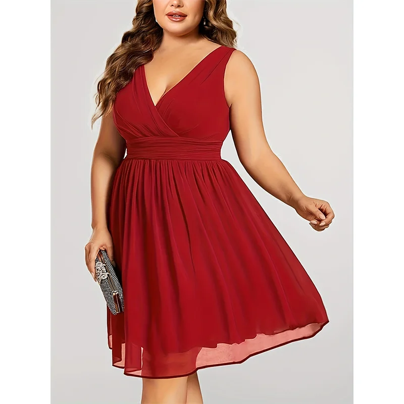 Plus Size Chiffon Sleeveless V Neck Short Bridesmaid Dress Cocktail Pleated A Line Wedding Party Dresses for Women Summer 2024