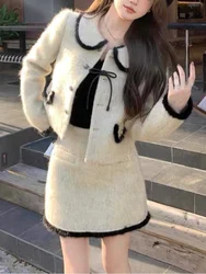 Elegant French 2 Piece Skirts Set Women Casual Vintage Fur Jacket Coats + Mini Skirt Office Lady 2023 Winter Korean Fashion Suit