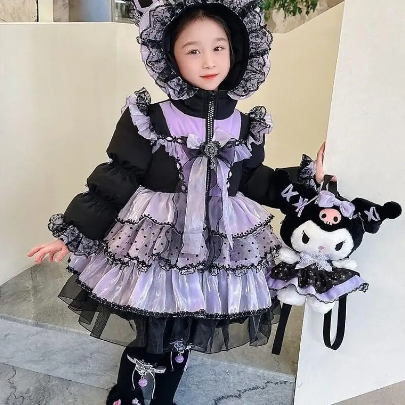 

Sanrio Anime Kuromi Girl Lolita Long Down Jacket Princess Dress Winter Thick Coat Bow Decoration Birthday Dress Halloween Gift
