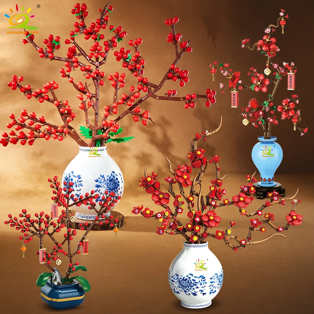 

HUIQIBAO Цветок сливы Холли MOC Цветочная модель Строительные блоки Новогодний букет в горшке Растение 3D Кирпич Дети DIY Игрушка для домашнего декора.