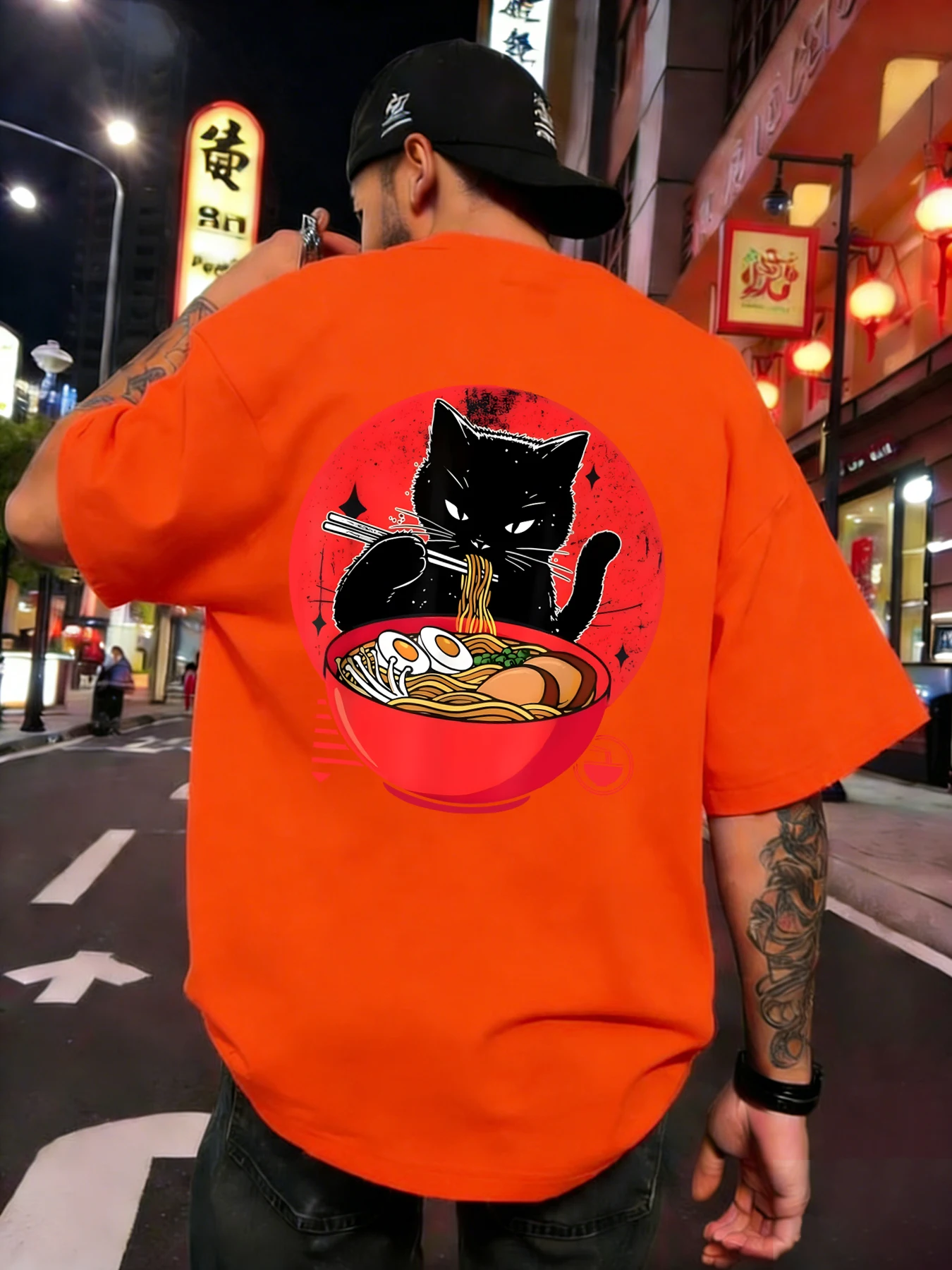 Enjoy The Cat Of Lamian Noodles T Shirt Men Cotton Loose T-Shirt Summer Casual Fashion Short Sleeve Basics All-Match Clothing