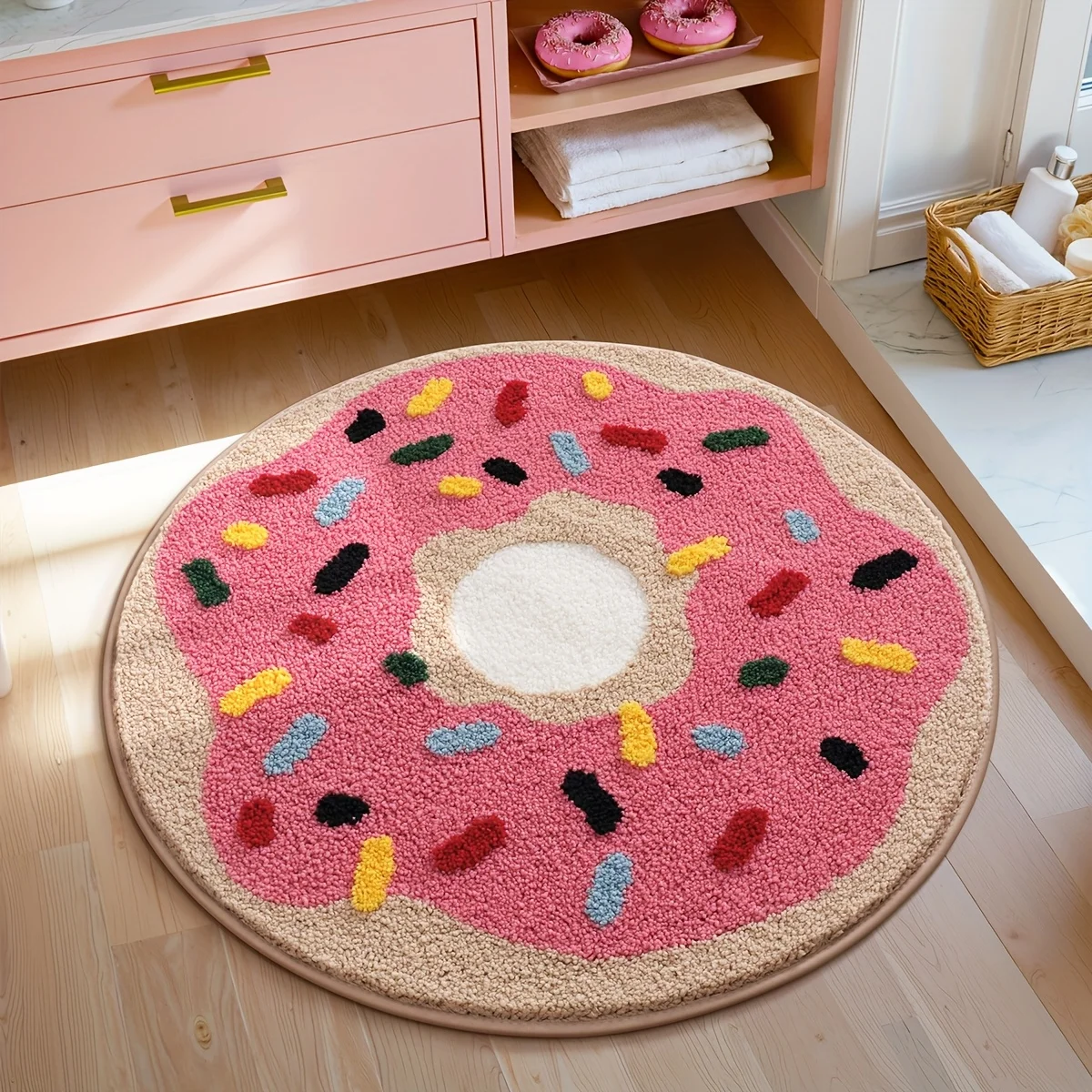 VIKAMA Cute Donut Shape Floor Mat Pink Frosting With Colorful Sprinkles Plush Non Slip Rug Food Style Decor Mat For Girl Bedroom