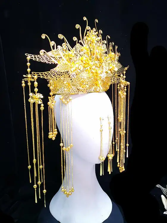 結婚式の花嫁のための新しい-sle-xihu-衣装アクセサリー、鳳凰九天冠、古代-sle-テール、戴冠式用合金金メッキ