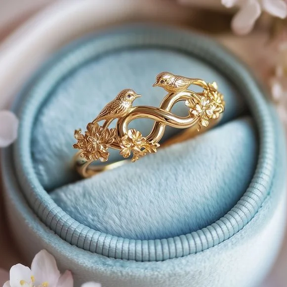 Bague vintage en cuivre pour femme, sculptée avec deux oiseaux et des fleurs, design infini, idéale pour les banquets et les fêtes.