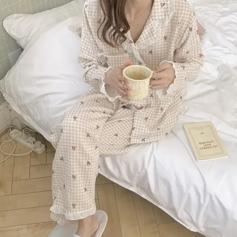 Conjuntos de pijama feminino sólido simples gola quadrada faculdade meninas kawaii estilo japonês outono homewear básico casual femme lounge aconchegante