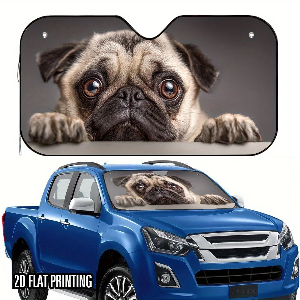 

1pc White 2D Flat Terrified Pug Dog Print Car Sunshade - Fit Windshield Sun Visor With 4 Suction Cups, Cute Animal Design To Kee