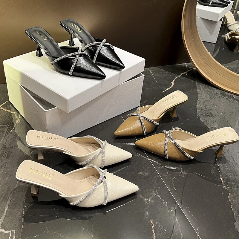 

2026New summer outdoor stiletto high-heeled sandals for women, pointed toe versatile closed-toe mules