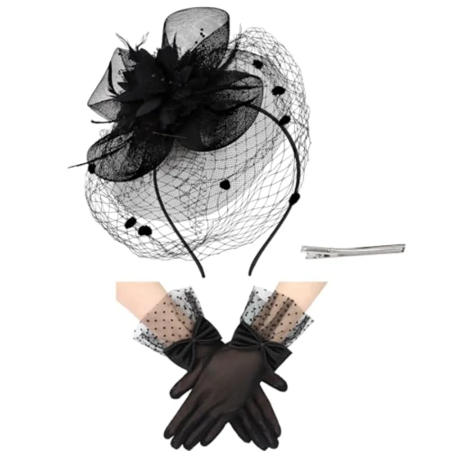 Fascinator Hat and Gloves Set Tea Party Accessories Weding Headwear for Girls and Women