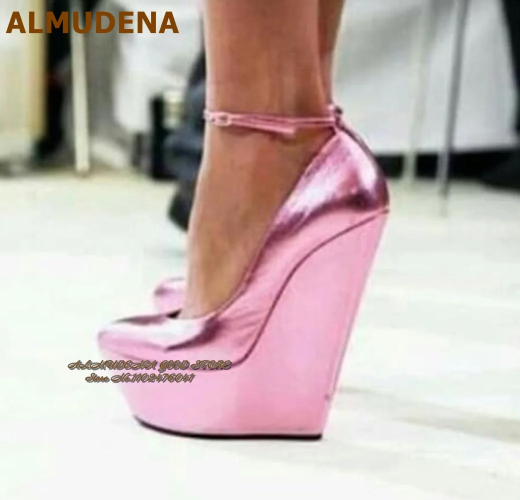 

ALMUDENA Fluorescent Pink Sky High Wedged Dress Shoes Metallic Glossy Platform Banquet Pumps Ankle Buckle Strap Gladiator Heels