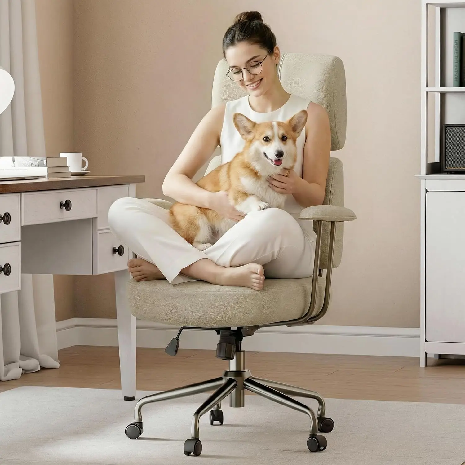 High Back Microfiber Suede Office Chair Ergonomic Support Home Desk White, Customized