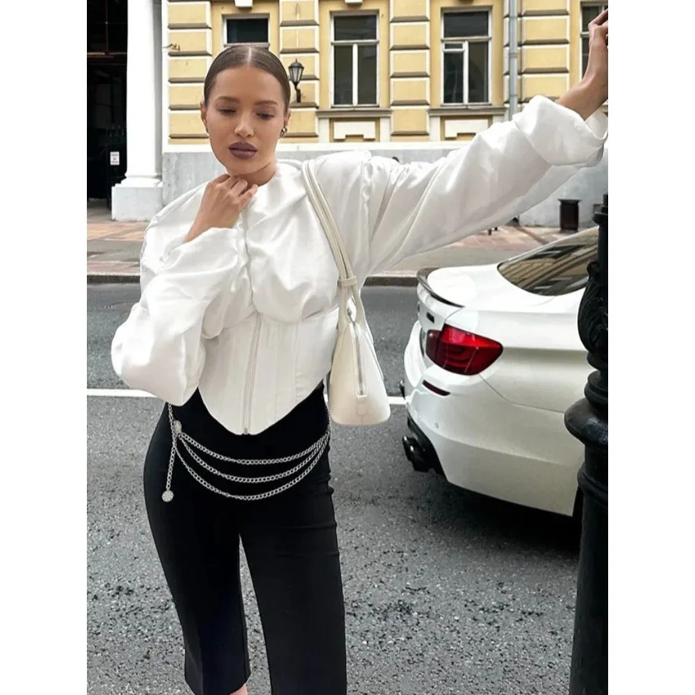 

Faionable White Fibone Corset Blouse Women's Long Puff Sve Cleanfit Sle Polypropylene Material A-Line Sve