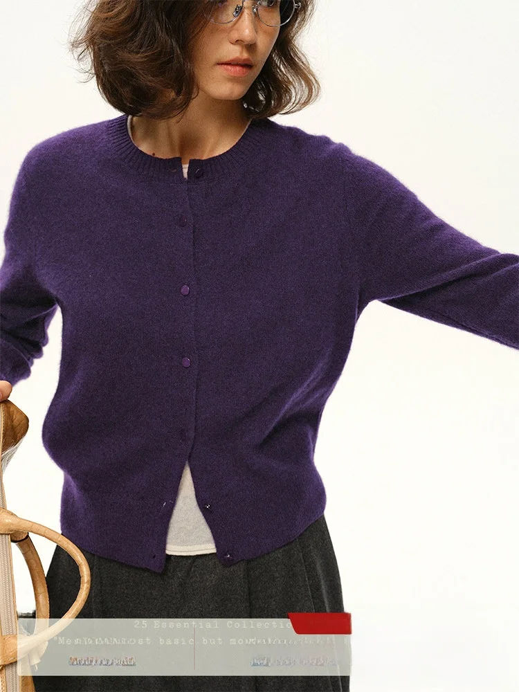 

Simple round Ne Single Button Knitted Cardigan Wool Blend Long Sve Sweater Sea Hare Purple Camere Sweater Versatile Top