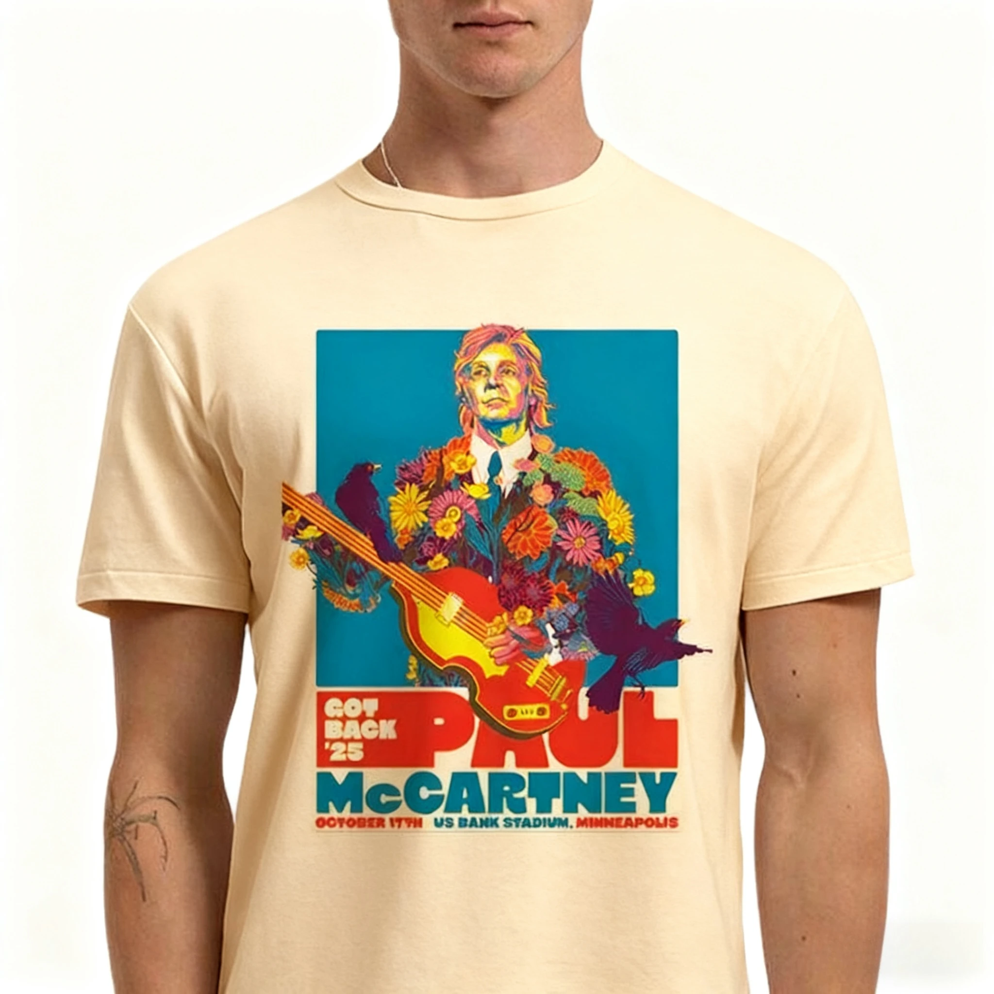بول مكارتني مينيابوليس 2025 الحفل تي شيرت مخدر الأزهار الطيور الجرافيك عادية المحملة لمحبي موسيقى الروك الملابس العصرية