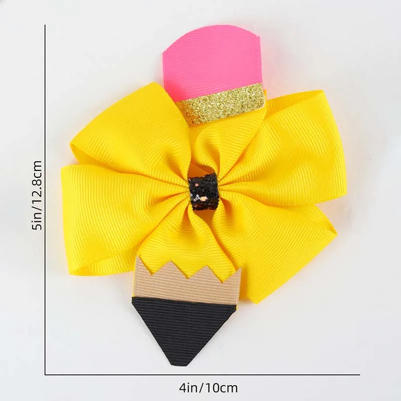 ncmama Back To School Pencil Ribbon Bow Hair Clips for Baby Girls Cute Solid Bowknote Hairpin Student Headwear Hair Accessories