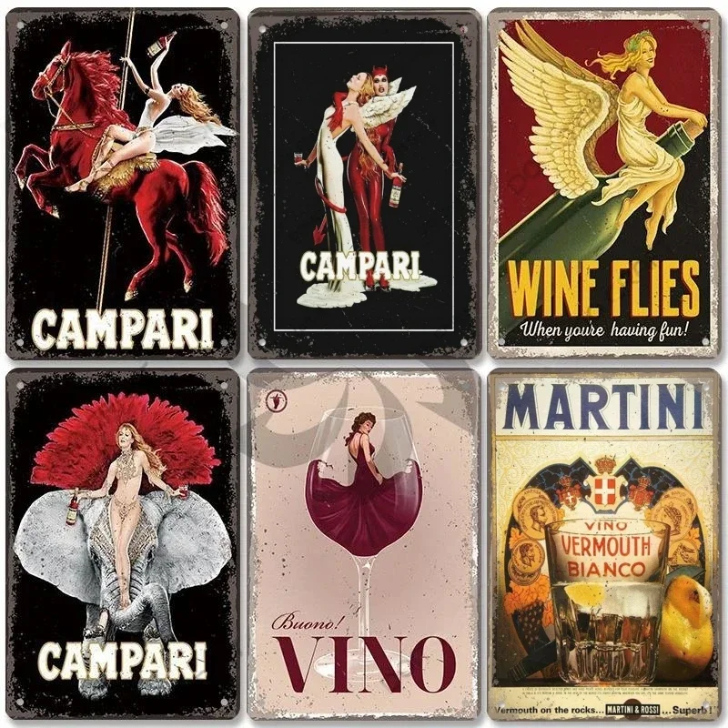 Vintage Metal Tin Signs Red Wine Posters Decor Plate Vintage Women Martini Vino Metal Signs Wall Decor for Bar Club