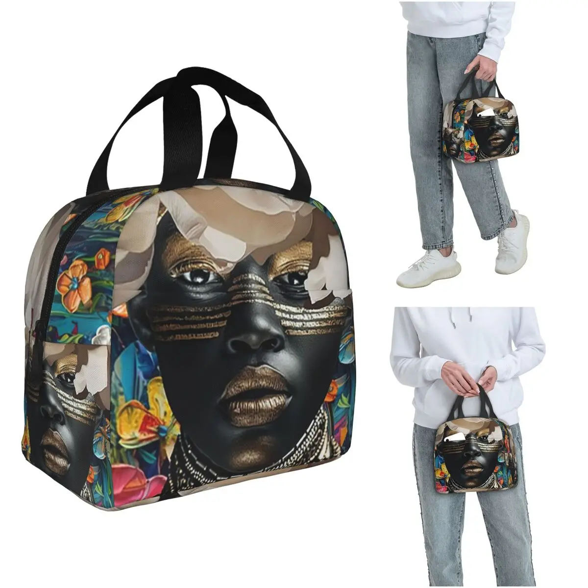 White Flower Black Woman Insulated Lunch Bag for Women Children Portable Food Boxes Thermal Lunch Box Tote