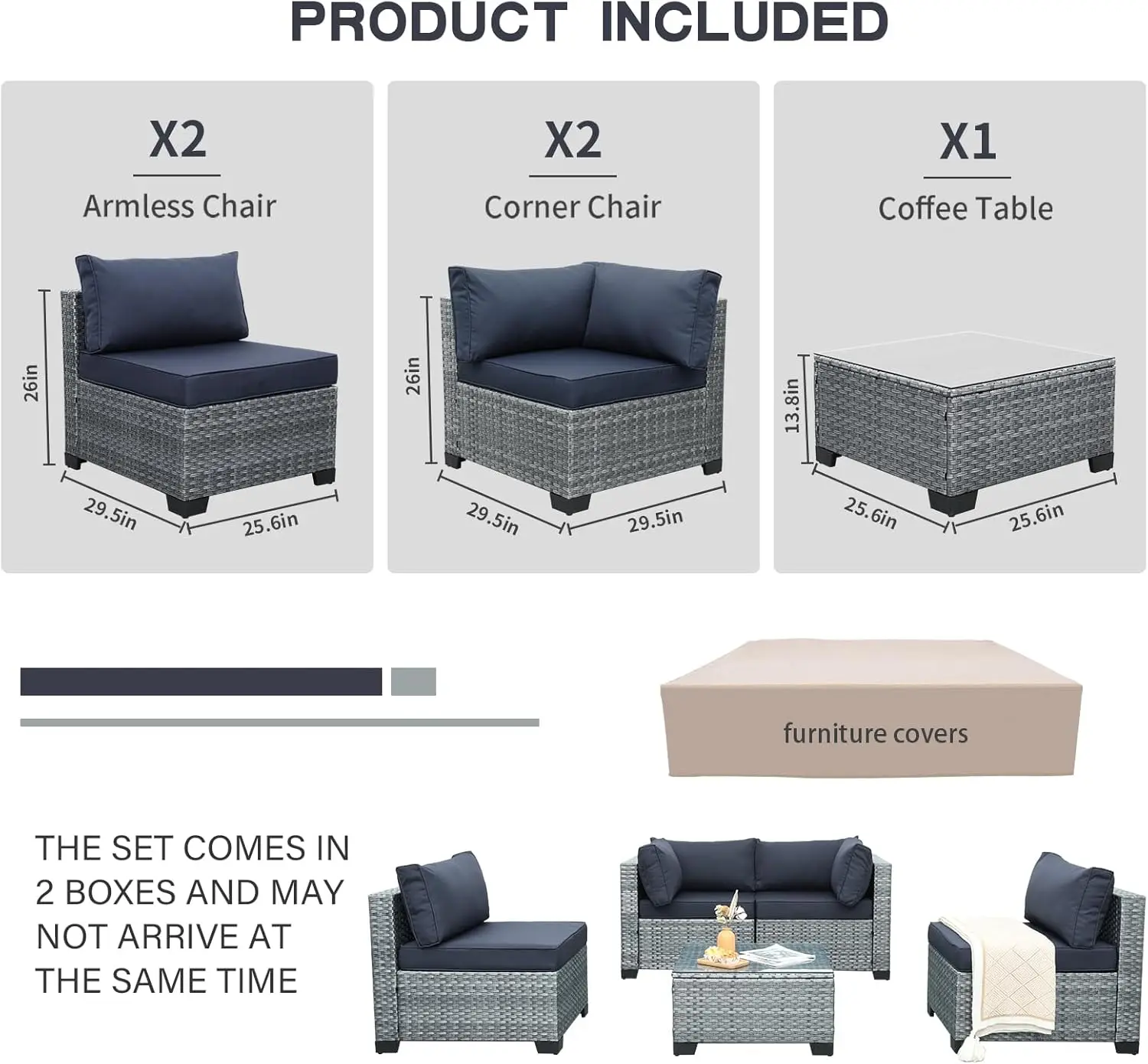 Sofa percakapan anyaman PE luar ruangan Set PatioFurniture 5 potong, Sofa dengan meja kopi dan bantal dapat dicuci