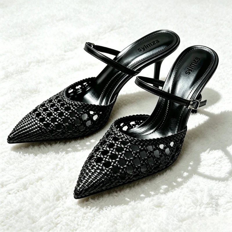 Unique Black Woven Hollow Slingback Heels Women Fashion Pointed Toe Strap Buckle High Heel Sandals Elegant Banquet Dress Shoes