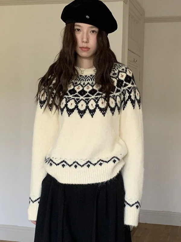 

Новый зимний длинный вязаный свитер светя, женский ретро ленивый праздничный свитер цвета атмосферы Blo Fair Isle, круглый свитер Ne