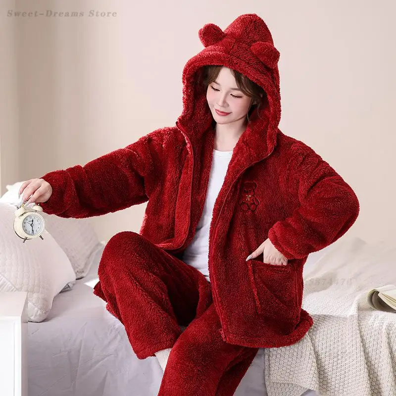 

Red Hooded 2Pcs Pajamas Set Winter Coral Fleece Homewear Sweet Cute Cartoon Sleepwear Thick Flannel Pyjamas Suit Loungewear 5XL