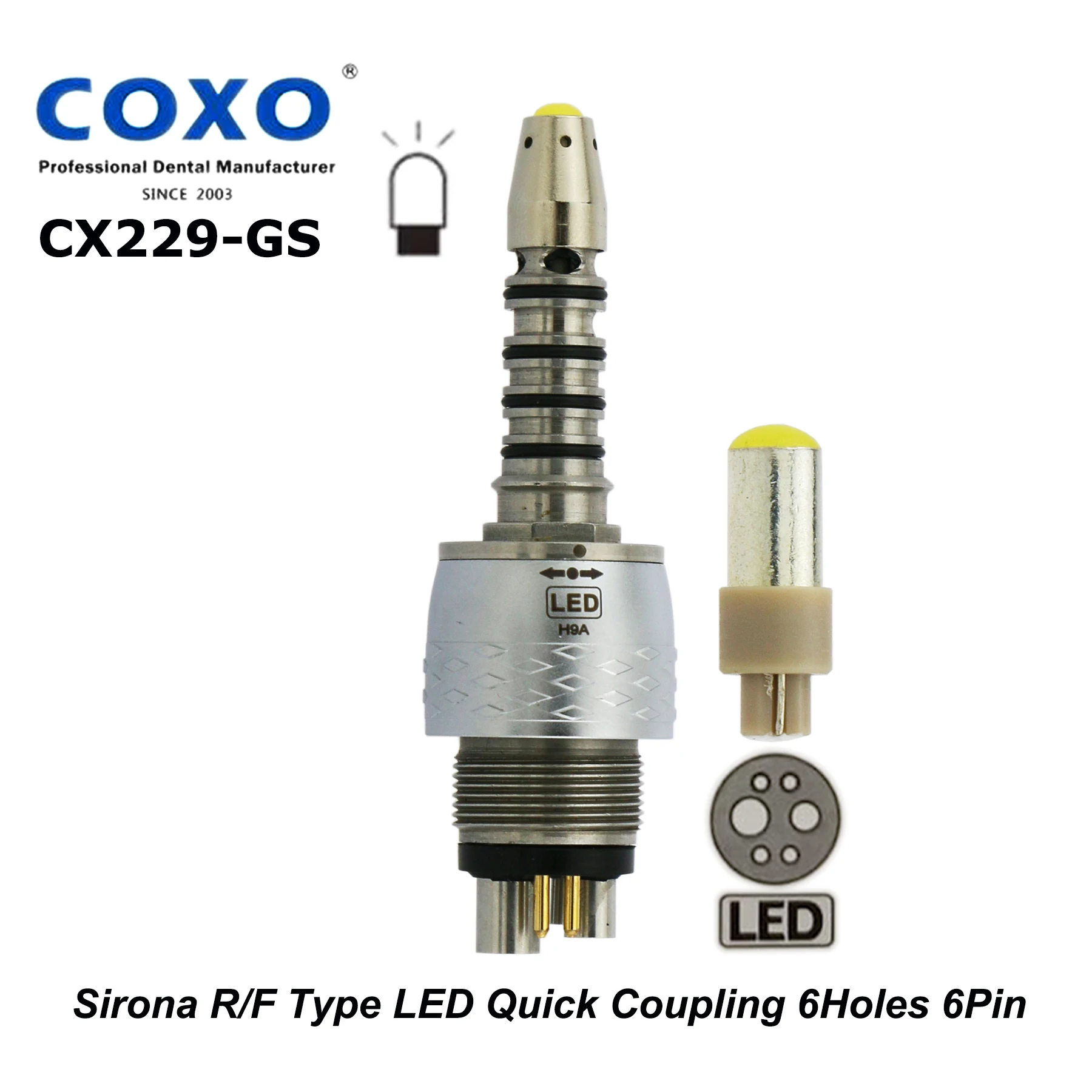 

Sirona R/F Type COXO YUSENDENT LED Coupler Coupling CX229-GS 6Holes 6Pin For Dental LED Fiber Optic High Speed Turbine Handpiece