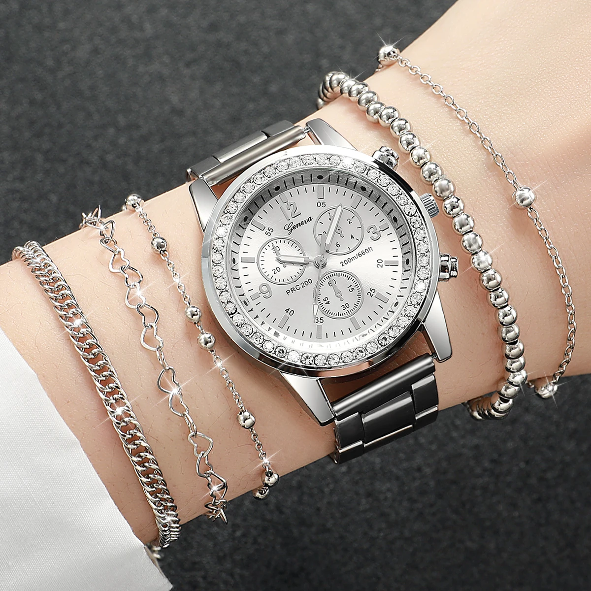 6PCS Women\'s Watch Fashion Rhinestone Stainless Steel Band Quartz Watch Bracelets Set（Without Box）