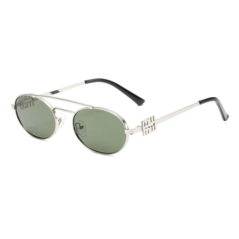 XH إطار بيضاوي مزدوج الجسر UV400 نظارات شمسية عصرية معدنية للحماية من الأشعة فوق البنفسجية وجه بيضاوي مستدير على شكل عين القطة للجنسين #3