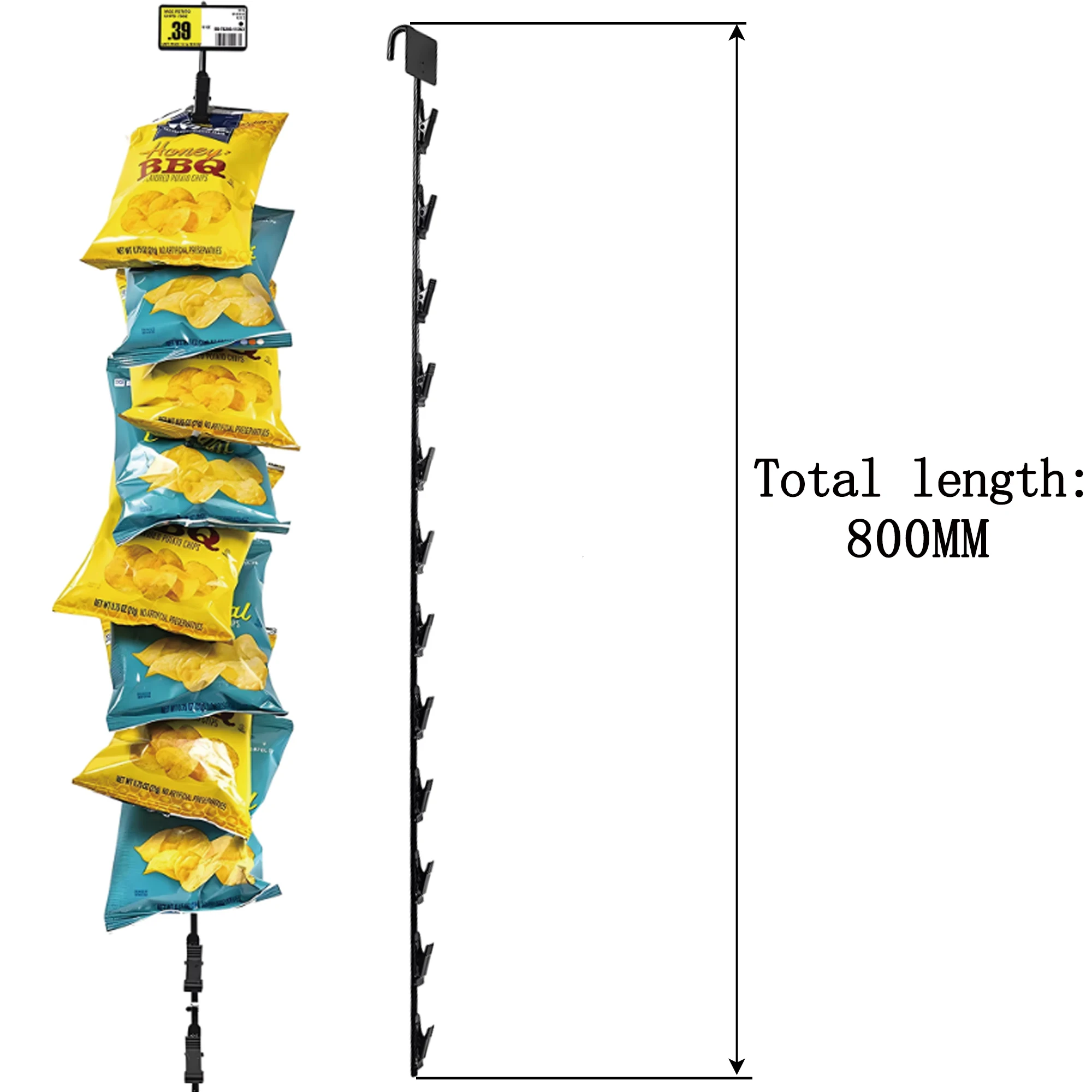 

3pcs Black Supermarket Snack Rack Display Stand Hanger Metal Shelf Merchandising Hanging Clip Strip with 12 Clips