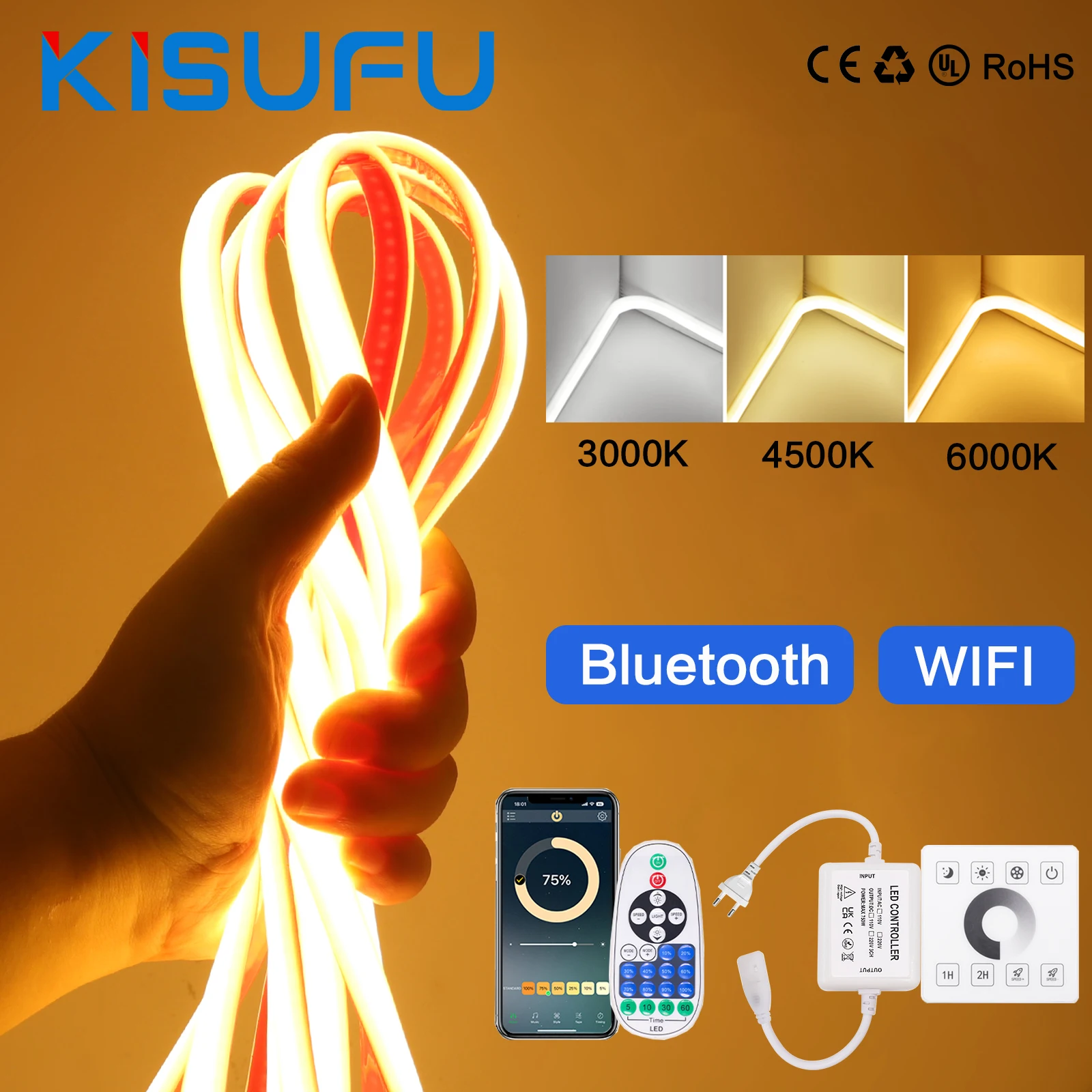 Dimmable COB LED Strip Light 220V Wall Touch Wifi Bluetooth With 23key Remote 240LED IP67 Flexible Adhesive Linear Lighting
