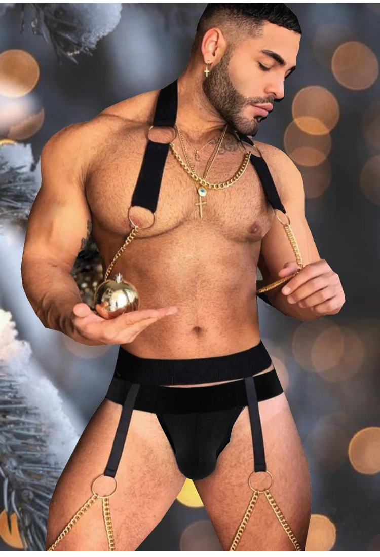 CLEVER-MENMODE Harness Metal Chain Bondage Costume Men Sexy Body Chest Elastic Strap Set Erotic Hollow Out Lingerie Rave Outfit