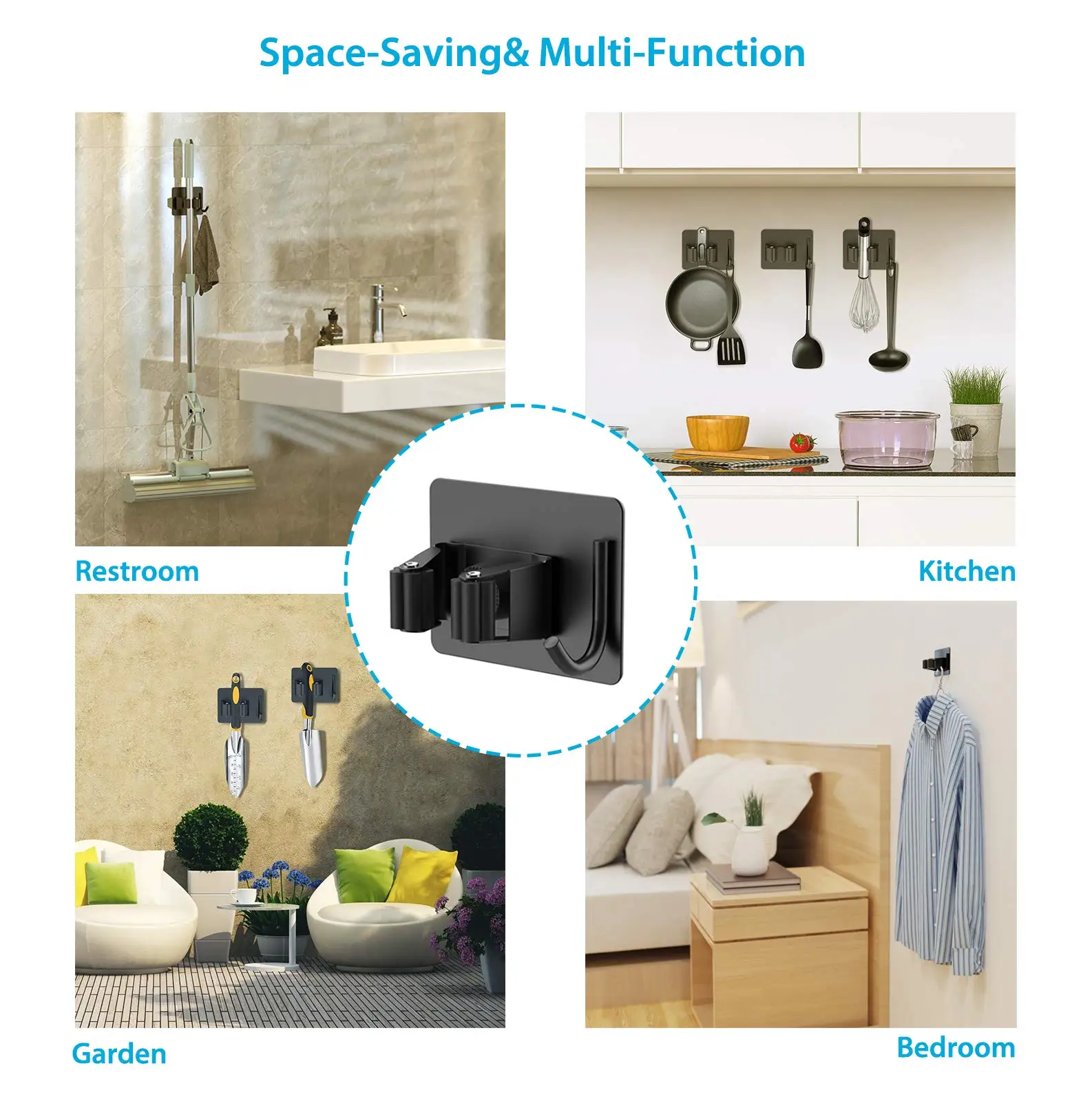 304 Stainless Steel Mop Holder Wall Mounted Self-Adhesive Kitchen Bathroom Waterproof Multi-Purpose Broom Hanger Strong Hook