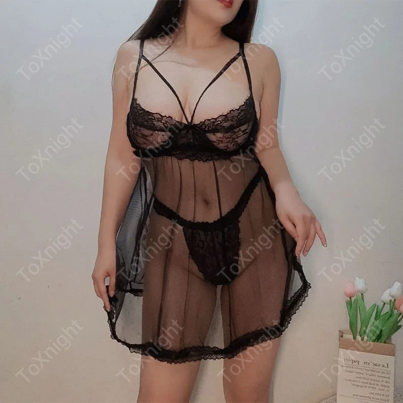 Plus size sexy lace see through crotch no take off nightgown set XXXL sexy lingerie hot underwear thong wholesale 020