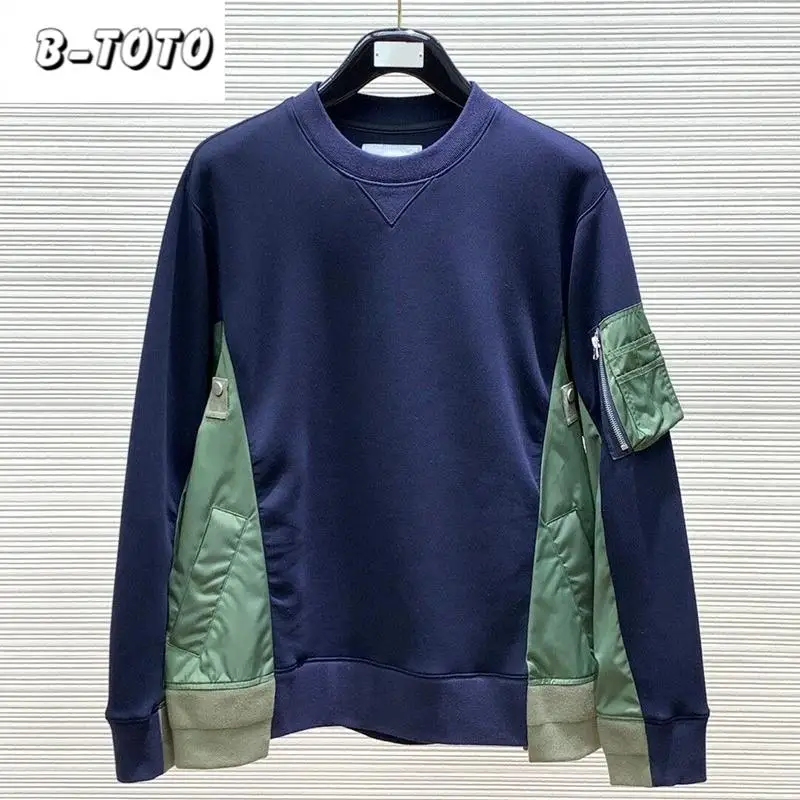 

B-TOTO Patchwork Sweatshirt Round Neck Pullover Grey Blue Long Sleeve European Style for Men and Women 2024 New