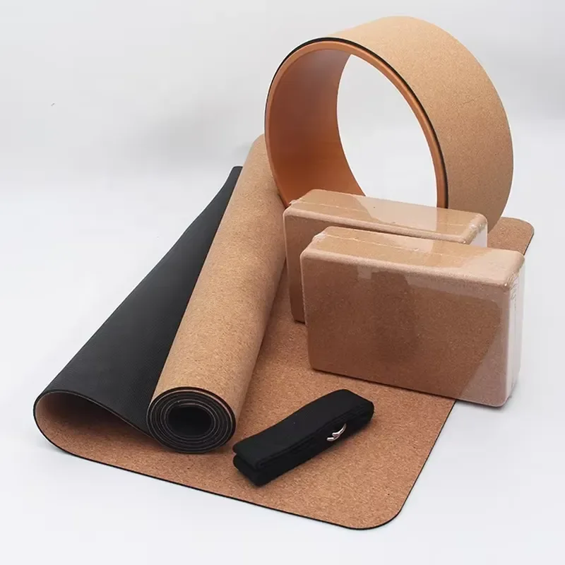 SANFAN Custom Print Label Eco Friendly Gym Fitness Natural Rubber Cork Yoga Mat Wheel Strap Block Yoga Mat Set