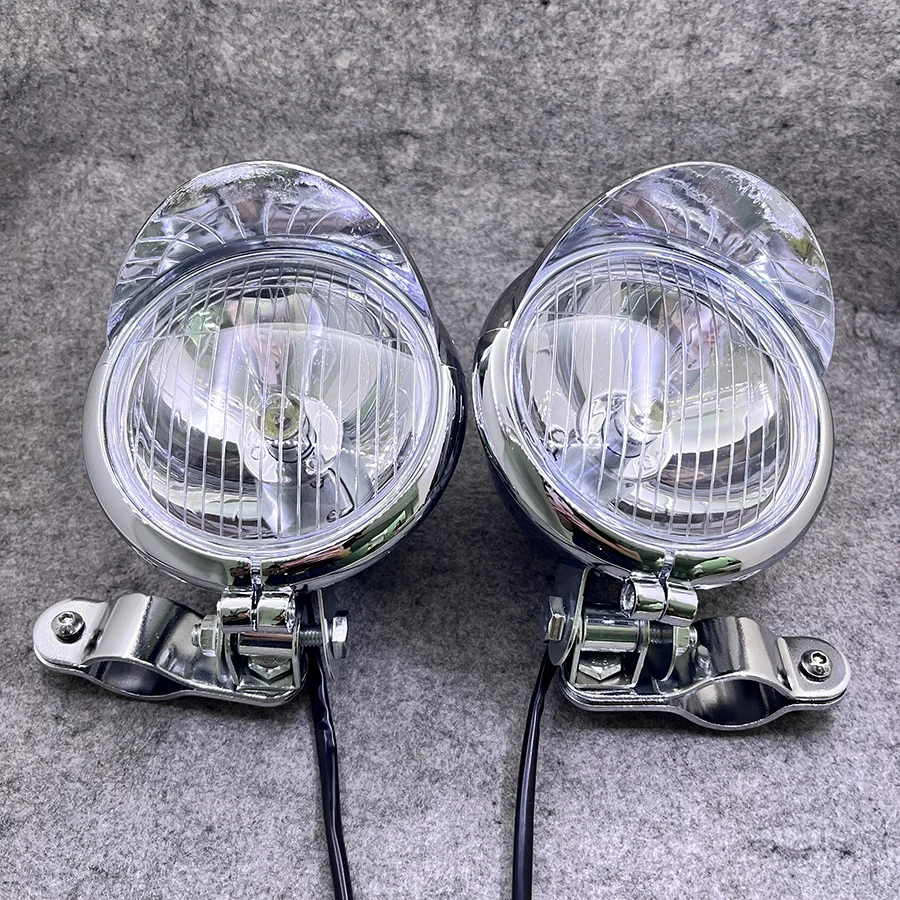 1 Set Chrome Motorcycle Headlight Spot Fog Lamp With Roll Cage Guard Bar Tube Bracket Clamp For Benelli Ducati Cafe Racer