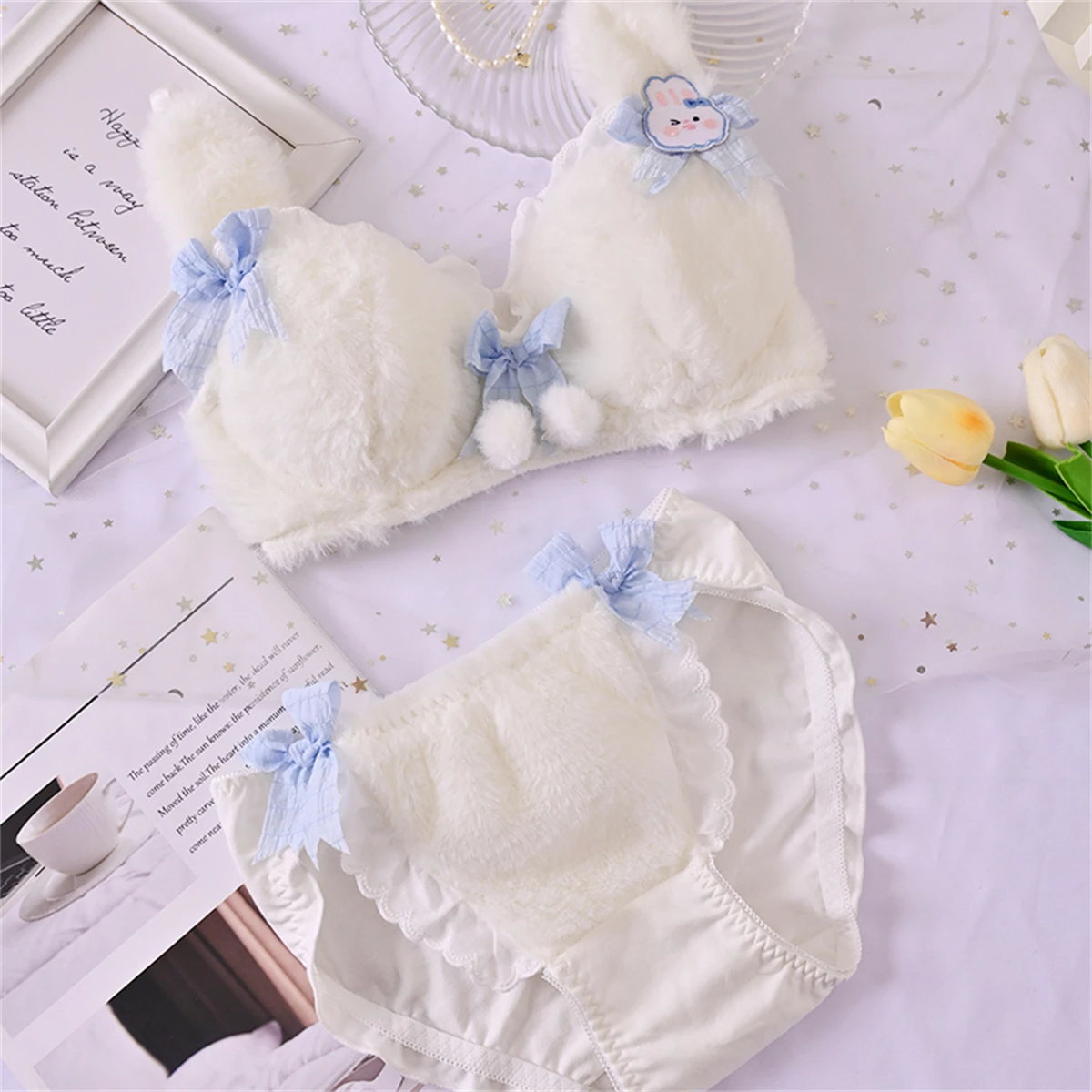 Japanese Sweet Style Lolita Lingerie For Women Winter Warm Fluffy Rabbit Grid Ribbon Bowknot Hairball Cute Girls Underwear Set