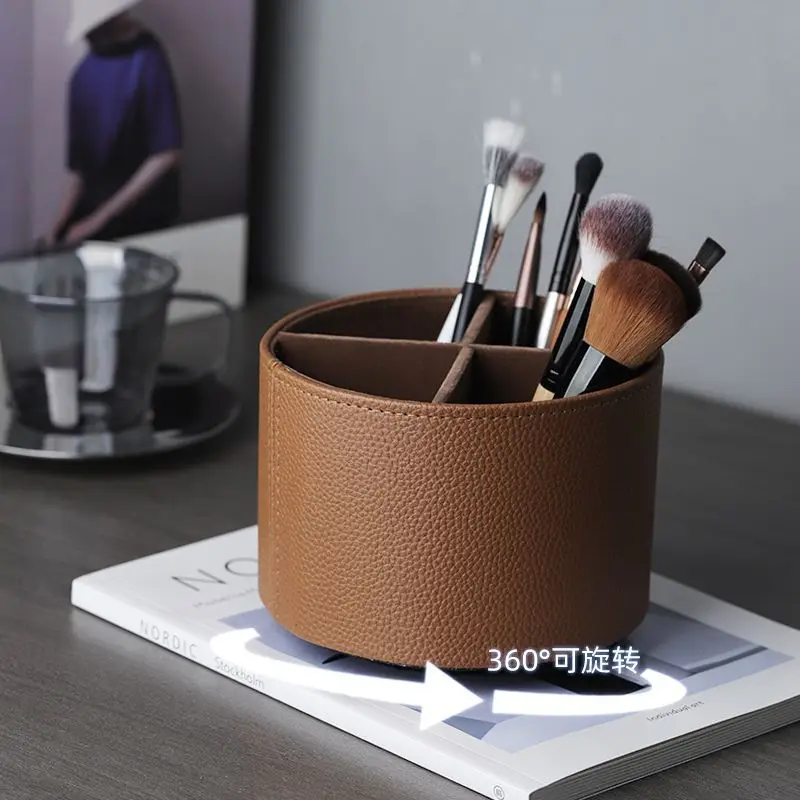 Rotatable 360 Degree Leather Storage Holder Box Makeup Brush Rotating Desktop Rotary Cylinder Cosmetics Shelf  Pen Holder