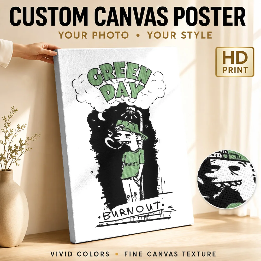 Green Day Burnout Cartoon Face Canvas Poster Personalized Photo Punk Ink Shading Wall Art For Rehearsal Room Music Lover Gift