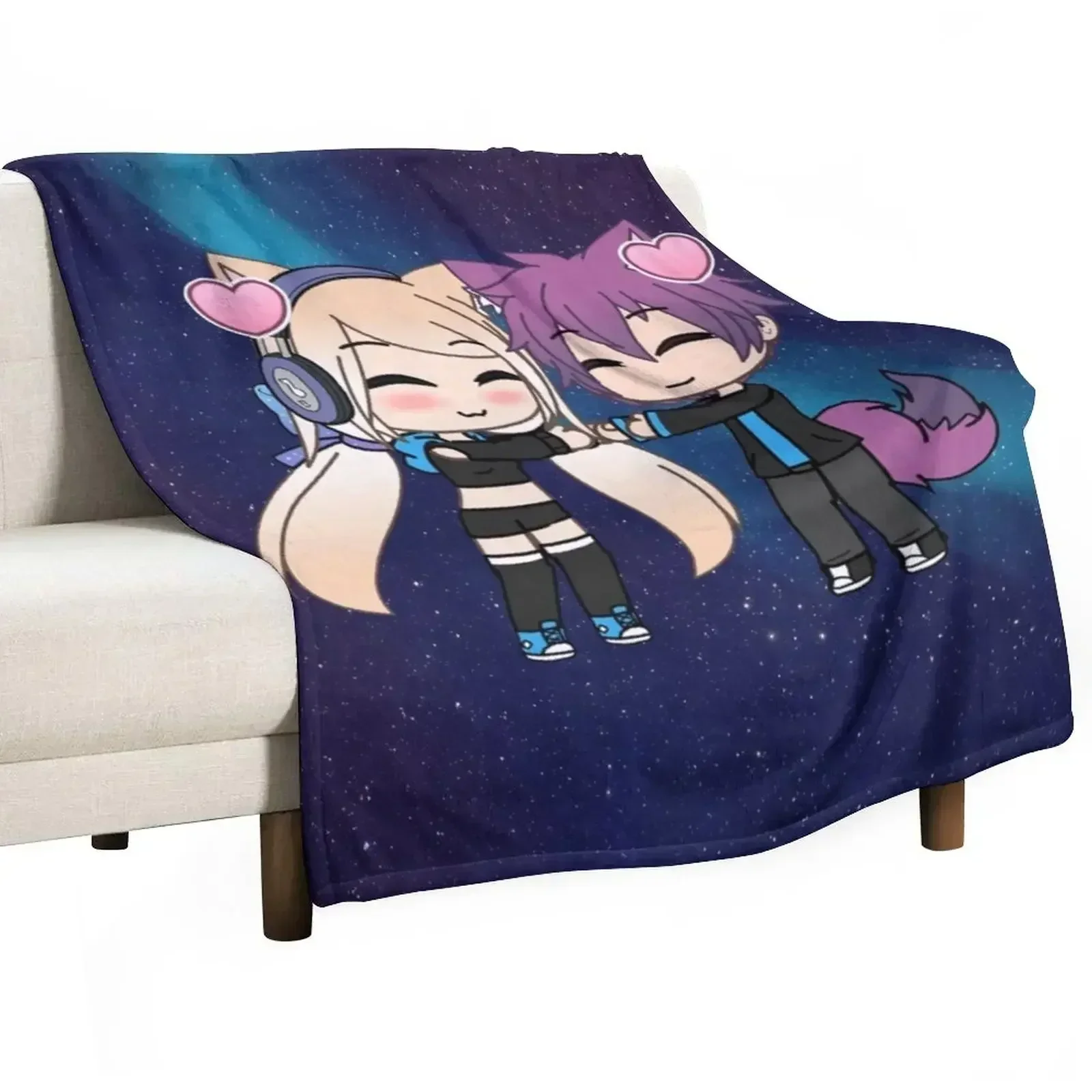 Cute Gacha Girl and Boy with Fox Tail Throw Blanket Custom Nap Shaggy Plaid on the sofa Luxury Throw For Sofa Thin Blankets