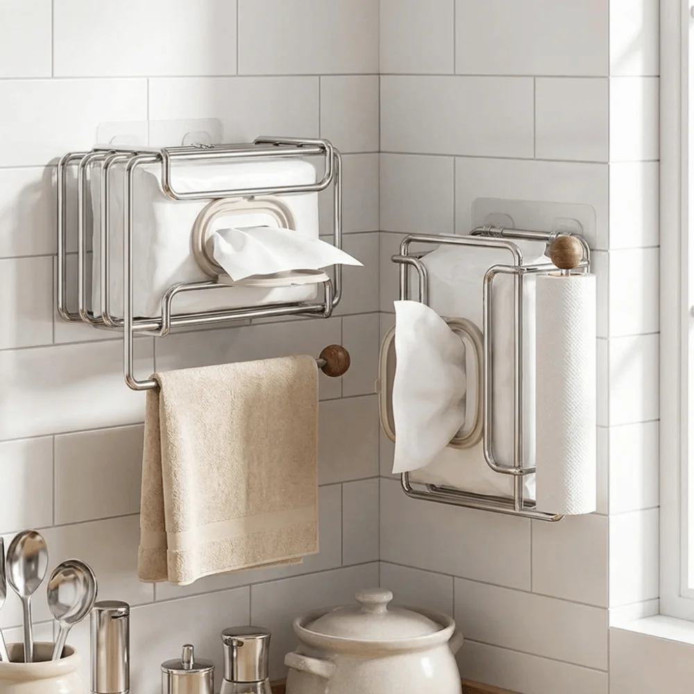 Stainless Steel Toilet Tissue Holder Wall Mounted Large Capacity Wet Wipes Holder Punch-Free Space Saving