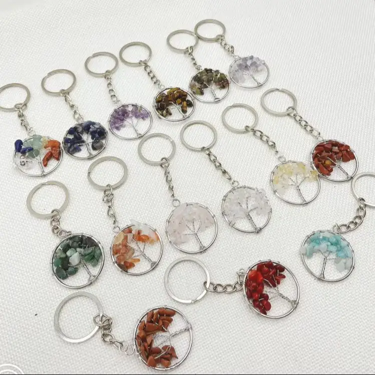 Hot Selling Natural Gem Stone Crystal Quartz fluorite lapis amethyst 7 Chakra Round 30MM Life Of Tree Pendant Keychain Chain