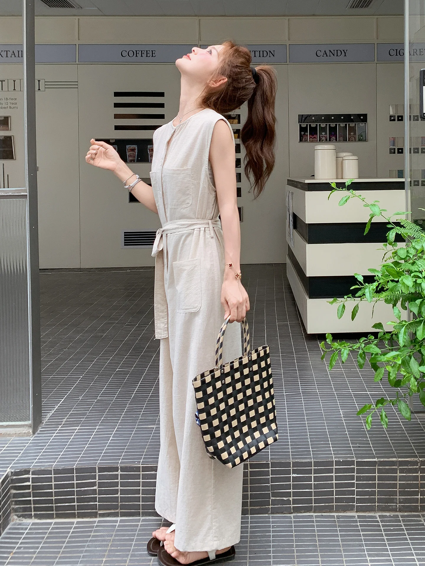 Beige Retro Workwear Jumpsuit Set Women's Summer 2026 New Korean High Waist Slim Wide Leg Pants Jumpsuit High Waist Polyester...