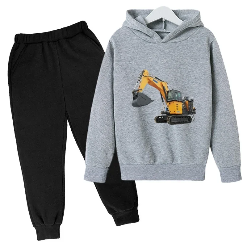 Excavator printed children's hoodie+pants autumn and winter warm and comfortable sports set