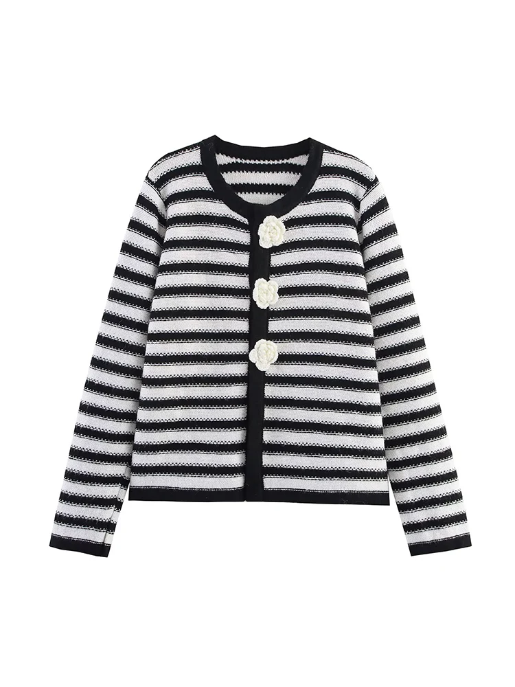 

Новая осенняя женская одежда в европейском и американском стиле с объемным цветочным декором и пуговицами, полосатый вязаный кардиган, топ